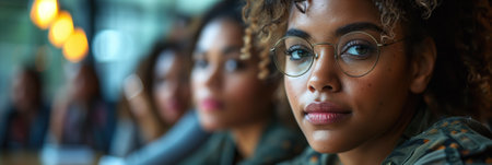 Portrait of three diverse women in casual clothing, focused on the confident woman with glasses in the foreground, no specific holiday or concept indicatedの素材