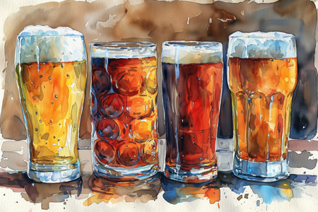 Four glasses of various beers in a watercolor style, suggesting a theme of beer tasting or a celebration like Oktoberfestの素材