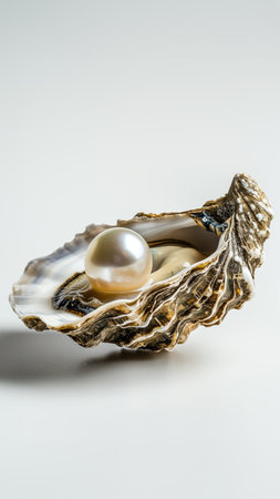 A single large pearl rests inside an open oyster shell against a white background, symbolizing luxury and natural beautyの素材