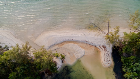 Aerial view of a serene tropical beach with gentle waves, surrounded by lush greenery, illustrating...