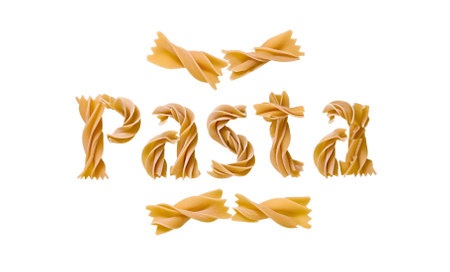 The word Pasta composed of different pasta shapes isolated on a transparent backgroundの素材