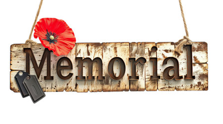 The word Memorial composed of a poppy flower a miniature American flag and dog tags isolated on a transparent backgroundの素材