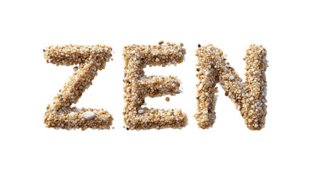 The word Zen made of sand and smooth rocks isolated on a transparent backgroundの素材