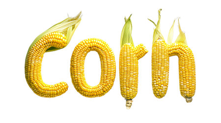 The word Corn composed of whole yellow corn cobs isolated on a transparent backgroundの素材