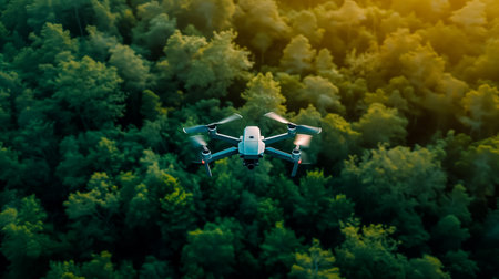 Quadcopter drone flying over a dense green forest canopy at dusk, highlighting technology in nature explorationの素材
