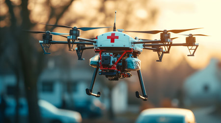 Medical emergency drone with a red cross flying at sunset, delivering supplies in a residential areaの素材