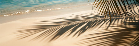 Tropical beach scene with palm leaf shadow casting on golden sand and sparkling ocean water in the background, conveying a serene summer ambianceの素材
