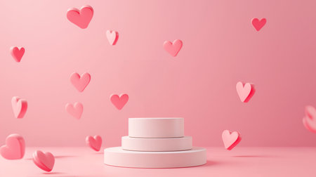 A romantic Valentines Day concept image featuring floating hearts and a three tiered product display podium set against a pastel pink backgroundの素材