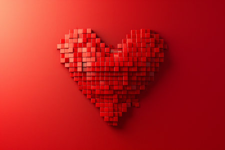3D pixelated heart illustration on a red background, symbolizing love or Valentines Dayの素材