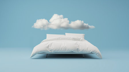 A serene bedroom setup with a white bed and pillows against a sky blue background, accompanied by floating clouds, depicting a peaceful, dreamy atmosphereの素材