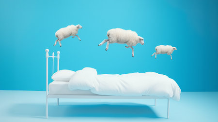 Three sheep jump over a white bed in a surreal depiction of the concept of counting sheep for insomnia or sleep related themes on a blue backgroundの素材
