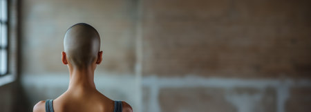 Back view of a bald individual looking contemplatively out a window, suggesting themes of solitude or introspectionの素材