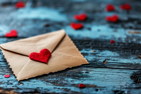 A rustic Valentines Day concept with a craft envelope adorned with a red heart on a weathered wooden background scattered with small heart shapesの素材