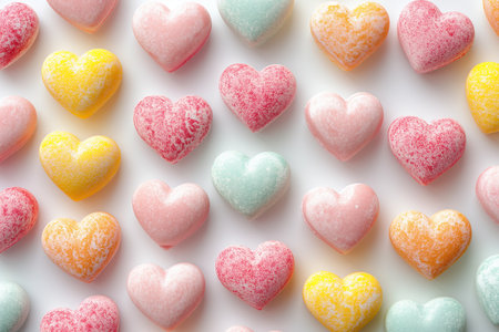 Colorful heart shaped sugar candies on white background, top viewの素材