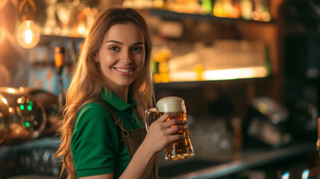 A smiling female bartender in a green shirt serving beer, potentially symbolizing a festive atmosphere for St Patricks Dayの素材