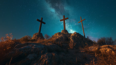 Three wooden crosses on a hilltop against a starry night sky, evoking spiritual or religious themes, possibly related to Easterの素材