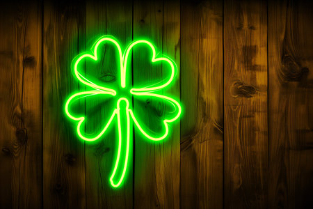 Neon green shamrock sign glowing against a wooden background, symbolizing Irish culture and St Patricks Day celebrationsの素材