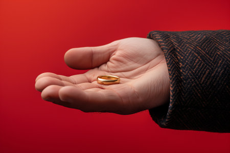 An open hand displaying a single gold wedding band against a red background, symbolizing marriage or Valentines Dayの素材