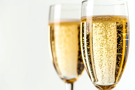 Two flutes of sparkling champagne with bubbles, against a bright white background, suitable for celebrations and holidaysの素材