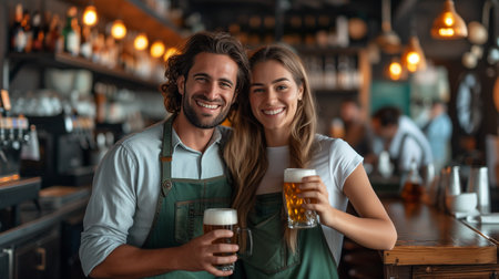 A cheerful male and female bartender in aprons, holding glasses of beer, smile warmly at the camera in a cozy pub settingの素材