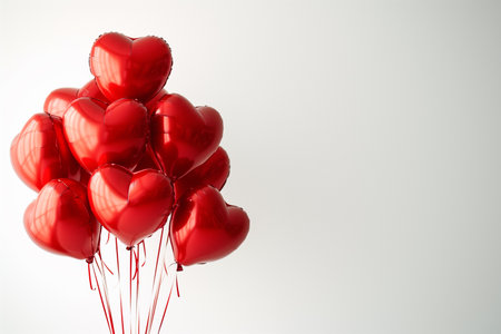 A cluster of red heart shaped balloons against a light background, symbolizing romantic celebration, possibly for Valentines Dayの素材