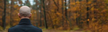 Bald man in a black coat facing away and contemplating the autumn forest sceneryの素材