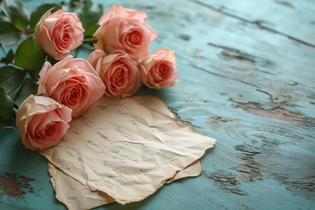 A delicate arrangement of peach colored roses resting on a handwritten letter on a vintage blue wooden background, evoking romance or Mothers Dayの素材