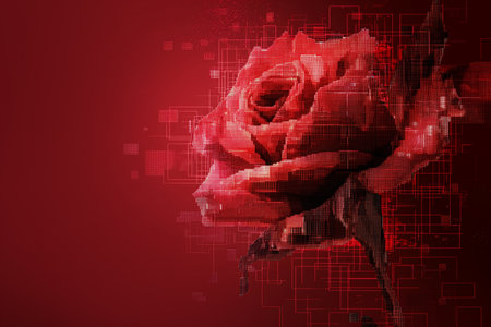 Abstract digital artwork of a red rose on a dark red background with binary and pixel elements, potentially symbolizing love or romance for occasions like Valentines Dayの素材