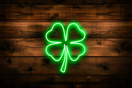 Neon green four leaf clover sign glowing against a wooden background, symbolizing luck and St Patricks Day celebrationの素材
