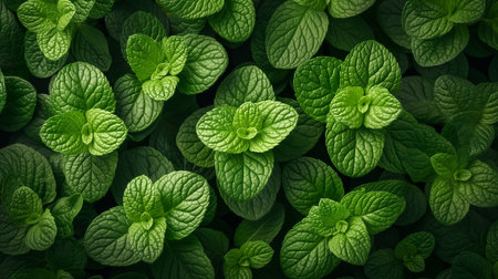 A lush, green background of fresh mint leaves, suitable for concepts related to herbal freshness, gardening, or natural ingredientsの素材