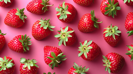 Fresh ripe strawberries arranged on a vibrant pink background, perfect for healthy eating concepts or summer related themesの素材