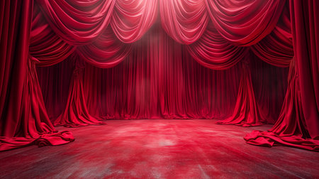 Elegant red theater curtain drapes on a stage with a spotlight, suitable background for performance or event announcementsの素材