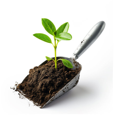 A metallic garden trowel with a sprouting seedling isolated on a transparent backgroundの素材