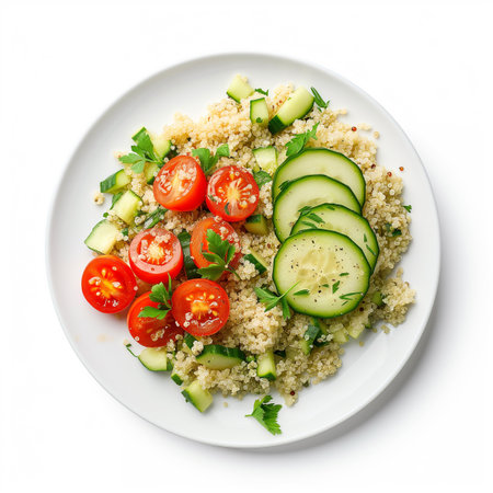 A plate of quinoa salad with sliced cucumber and cherry tomatoes top view isolated on a transparent backgroundの素材