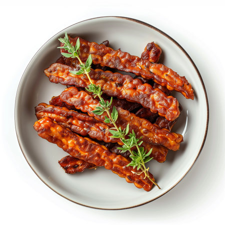 A dish of tempeh bacon strips with a sprig of thyme top view isolated on a transparent backgroundの素材