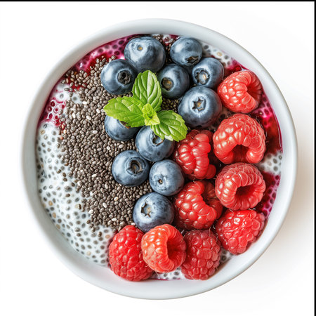 A bowl of organic chia seed pudding with fresh berries top view isolated on a transparent backgroundの素材