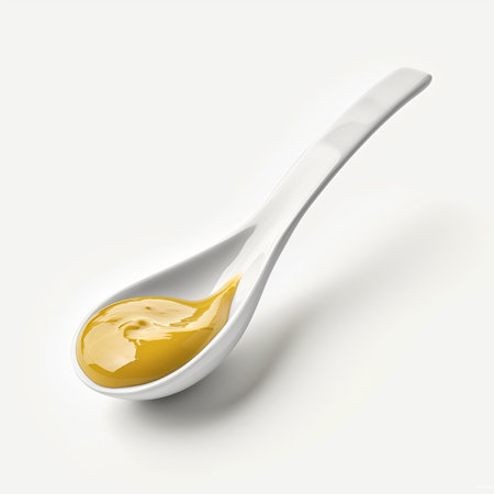 A sleek transparent ceramic spoon with a dollop of artisanal mustard isolated on a transparent backgroundの素材