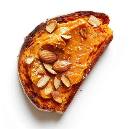 A slice of baked sweet potato toast with a dollop of almond butter top view isolated on a transparent backgroundの素材