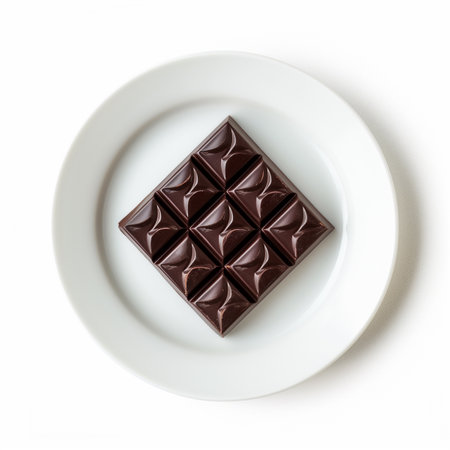 A single square of dark chocolate on a minimalist plate isolated on a transparent backgroundの素材
