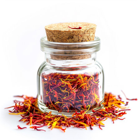 A glass spice jar with dried saffron threads isolated on a transparent backgroundの素材