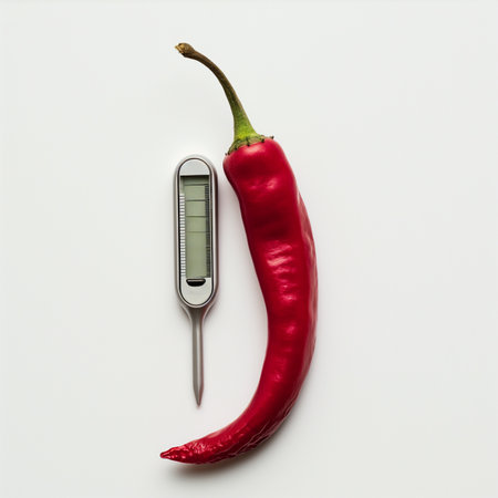 A high-precision digital kitchen thermometer with a single chili pepper isolated on a transparent backgroundの素材