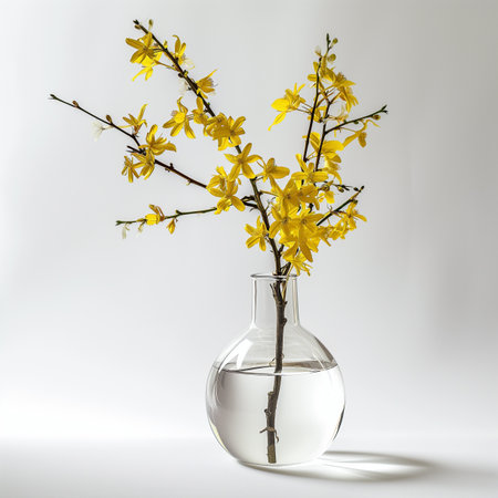 A contemporary glass vase with a single stem of forsythia isolated on a transparent backgroundの素材