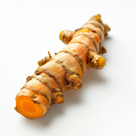 A single fresh turmeric root isolated on a transparent backgroundの素材