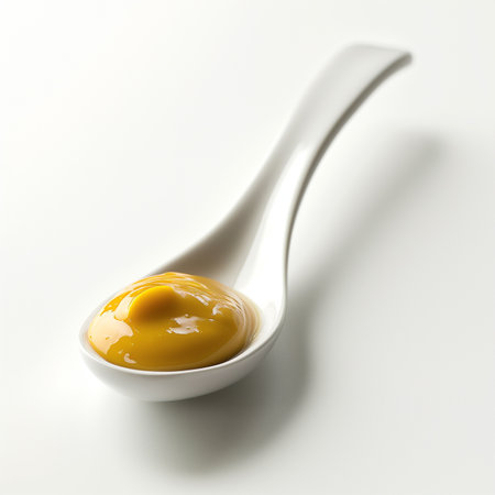 A sleek transparent ceramic spoon with a dollop of artisanal mustard isolated on a transparent backgroundの素材