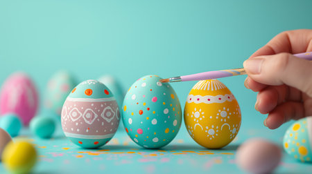 A hand meticulously decorates a pastel Easter egg, symbolizing creative Easter holiday preparationsの素材