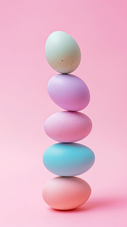 A vertical stack of pastel colored Easter eggs on a soft pink background, symbolizing balance and the spring holidayの素材