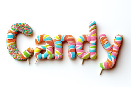 Colorful candy cane letters spelling CANDY isolated on a white background, suitable for confectionery or holiday themesの素材