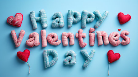 Textile letters spelling Happy Valentines Day with heart shaped decorations on a blue background, concept for Valentines Dayの素材
