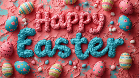 Festive Easter greeting with textured Happy Easter lettering and decorative eggs on a vibrant pink backgroundの素材