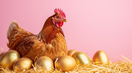 A brown hen nestled among golden eggs on a straw bed against a pink background, conceptually related to Easter festivitiesの素材